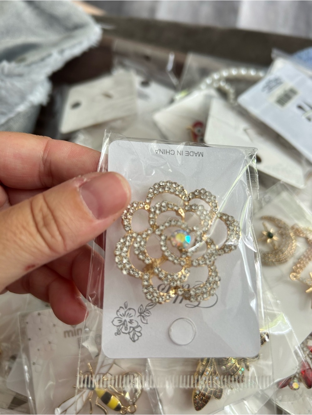 4/$50 Gold Crystal Floral Brooch Pin - Elegant Sparkle Accent